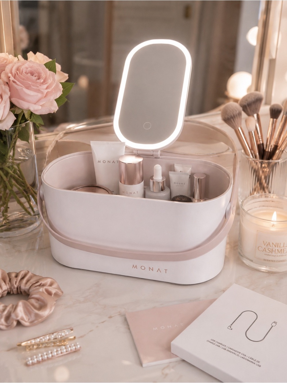 MONAT LED Makeup Case Travel Cosmetic Organizer Lighted Mirror Box